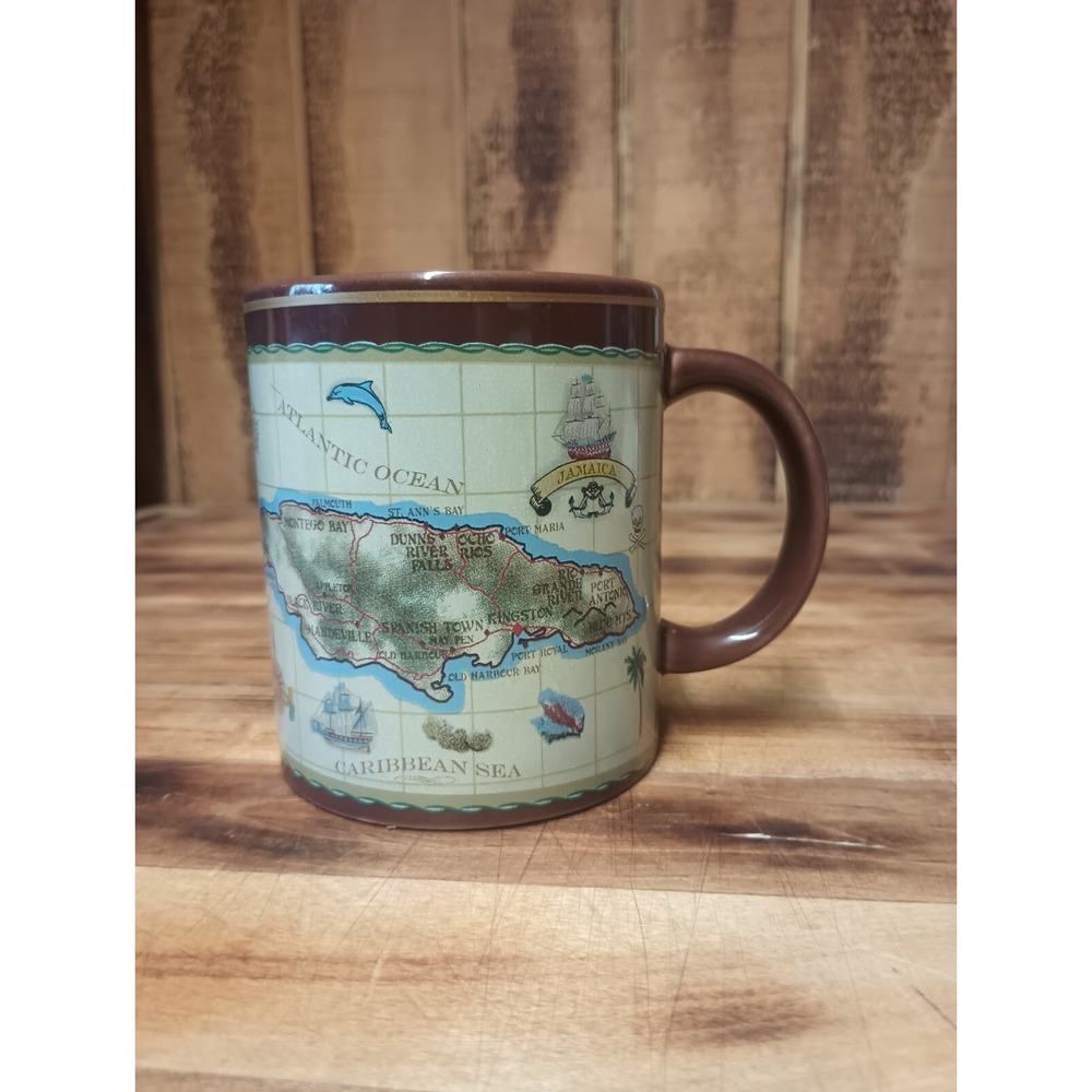 JAMAICA‎ Map Coffee Mug Tea Cup 10oz. Souvenir Brown Ceramic Island Dolphin - Picture 7 of 9